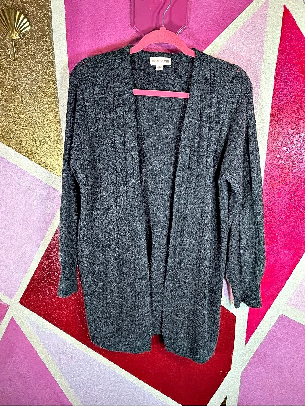 Knox Rose Small Charcoal Gray Ribbed Open Front Long Cardigan Cozy Duster Knit